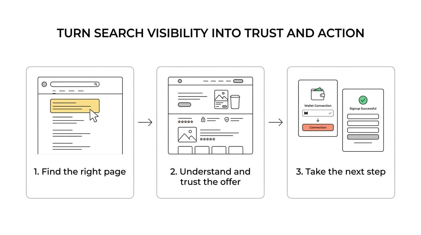 A step-by-step flow from search visibility to a clear landing page, trust, and wallet connection or purchase.